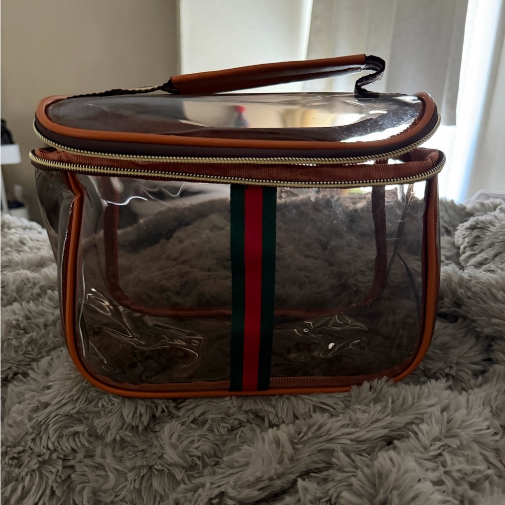 Clear Vinyl Cosmetic Train Case with Brown Trim and Green-Red Stripe